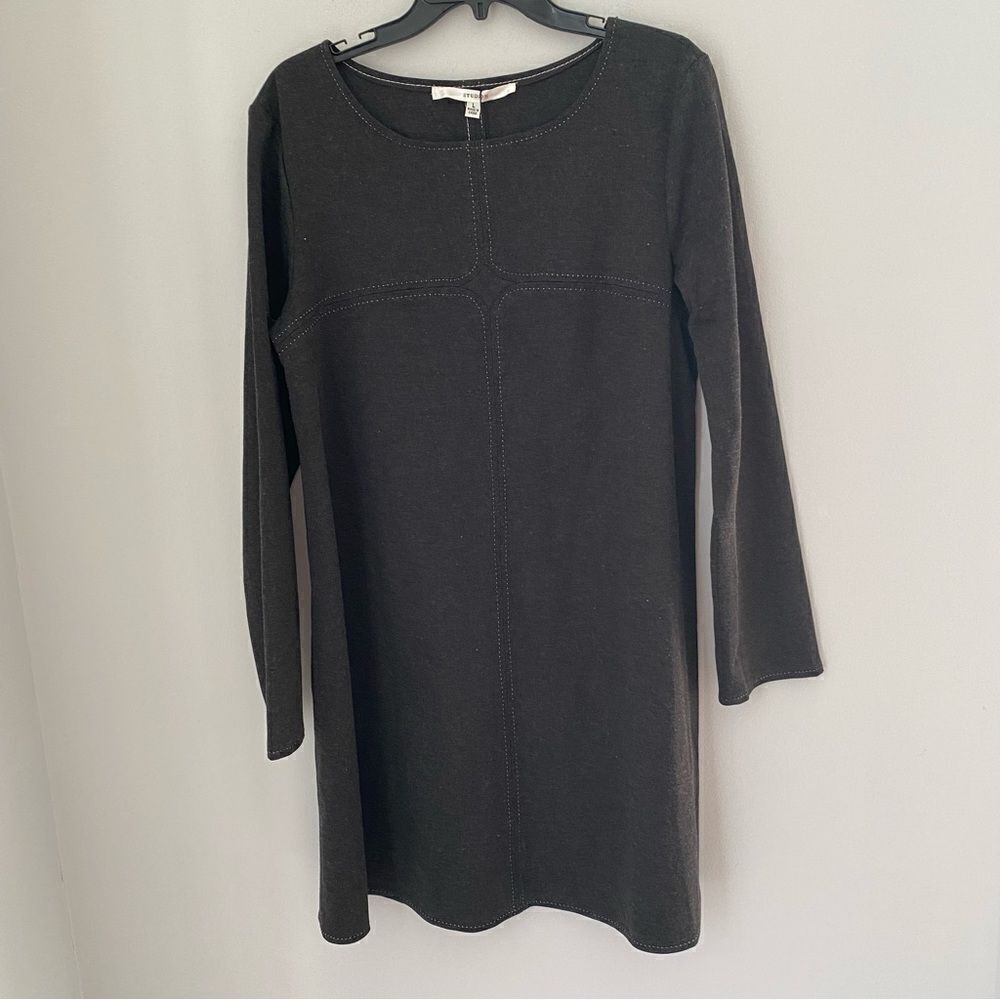 Studio M Topstitched Ponte Flare Dress High Neck Long Sleeve Gray size L